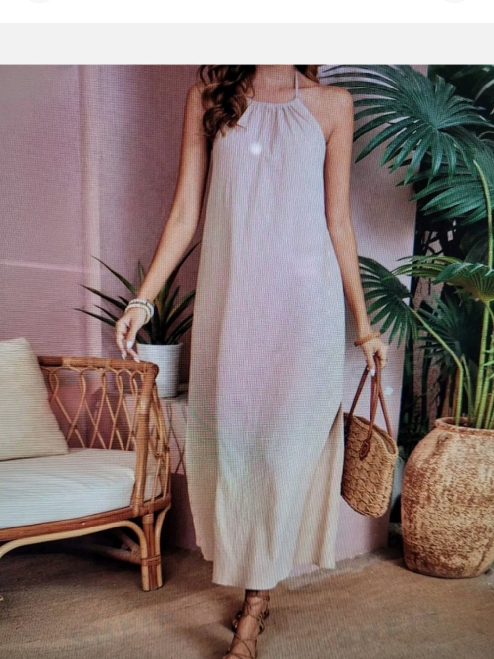 SHEIN VCAY Fringed Cream Backless Halter Midi Dress L Gauzy Flowy Vacation Beach